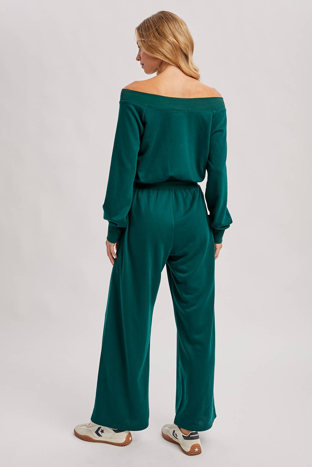 FINAL SALE! Wide Neck Off The Shoulder Knit Jumpsuit: Pine