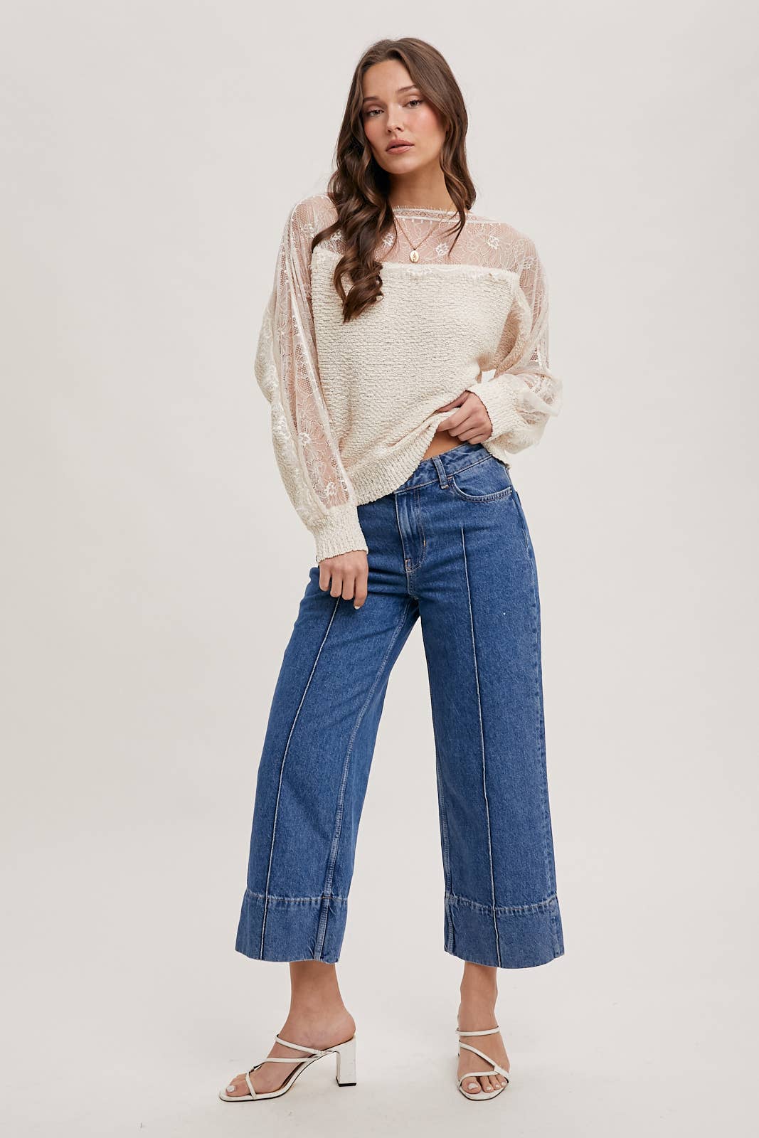 Boat Neck Lace Trimmed Knit Sweater: Pink Beige