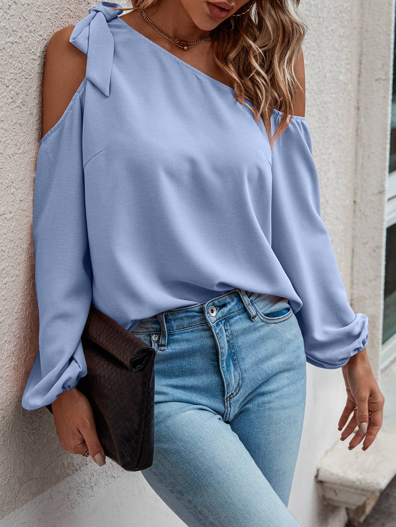 Asymmetrical Cold Shoulder Long Sleeve Blouse - Sky Blue