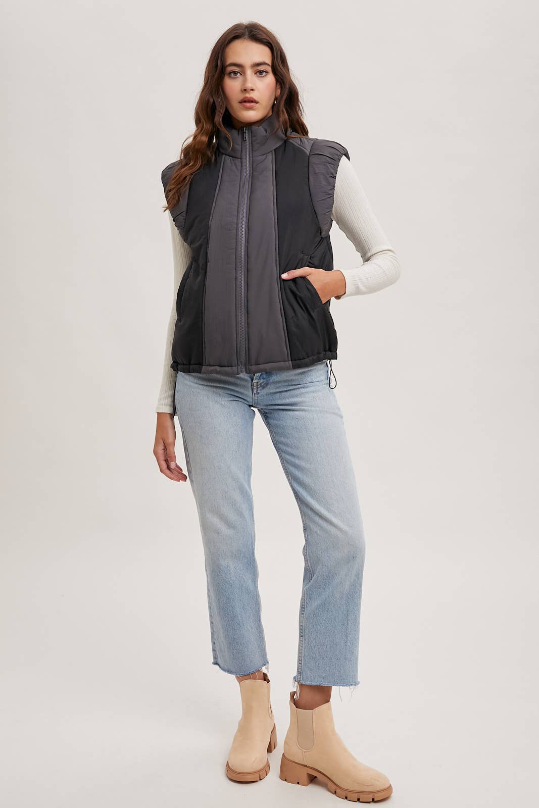 Contrast Puffer Zipper Down Vest - Black/Charcoal