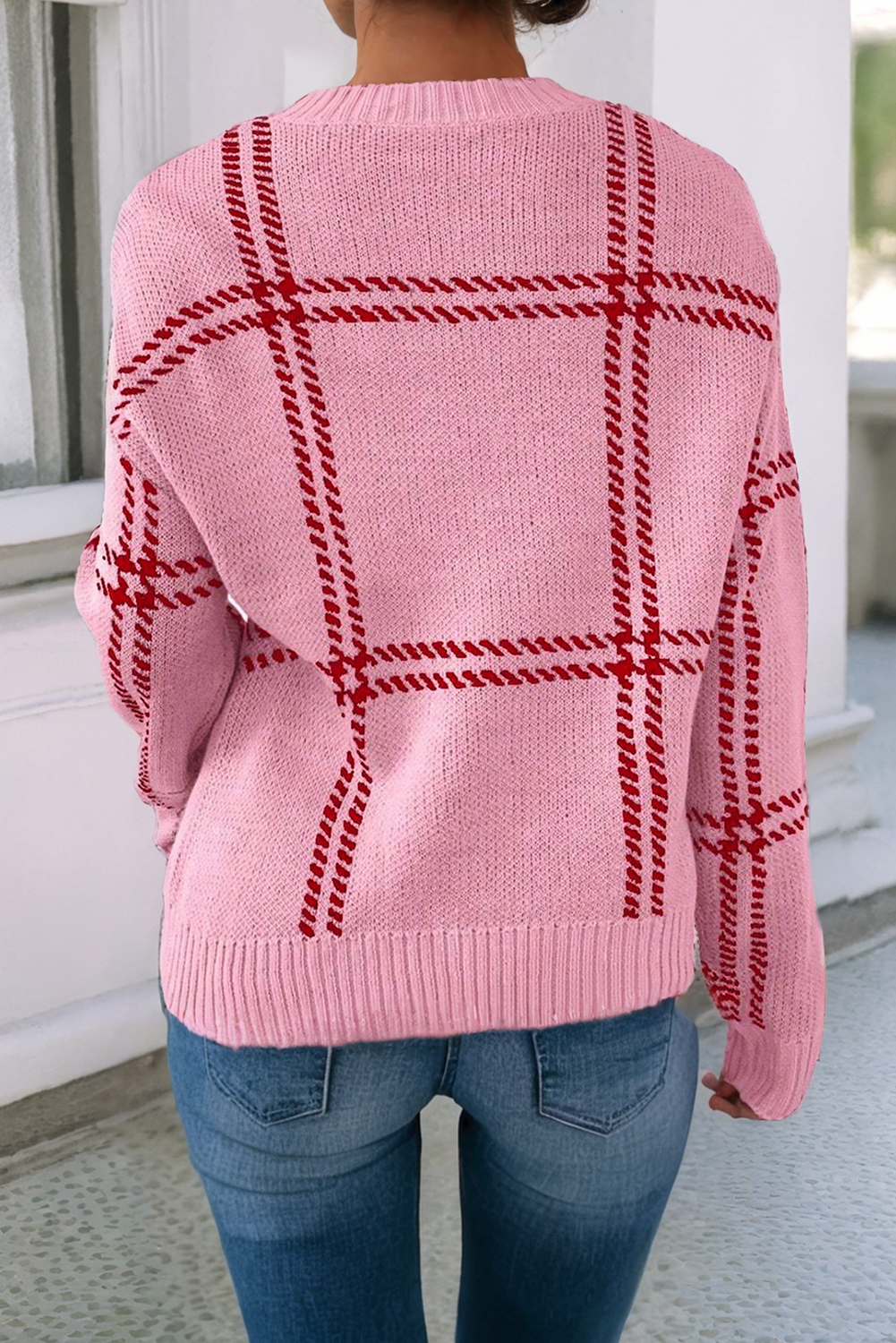 Plaid Pattern Knitted Drop Shoulder Sweater - Light Rose/Cherry