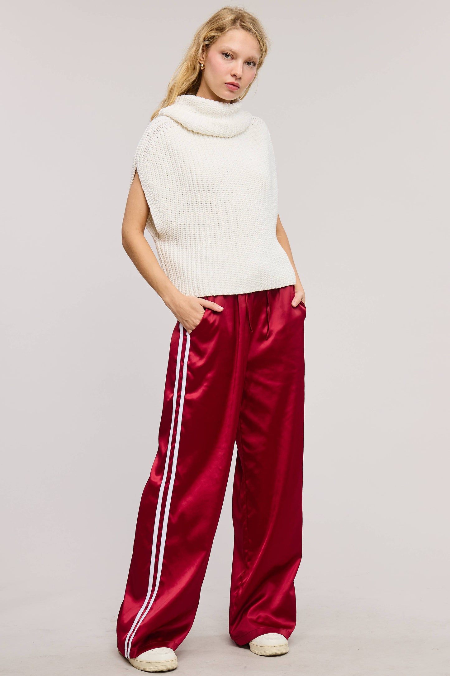 Sporty Satin-Effect Track Pants w/Contrast Stripes - Burgundy