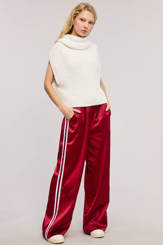 Sporty Satin-Effect Track Pants w/Contrast Stripes - Burgundy