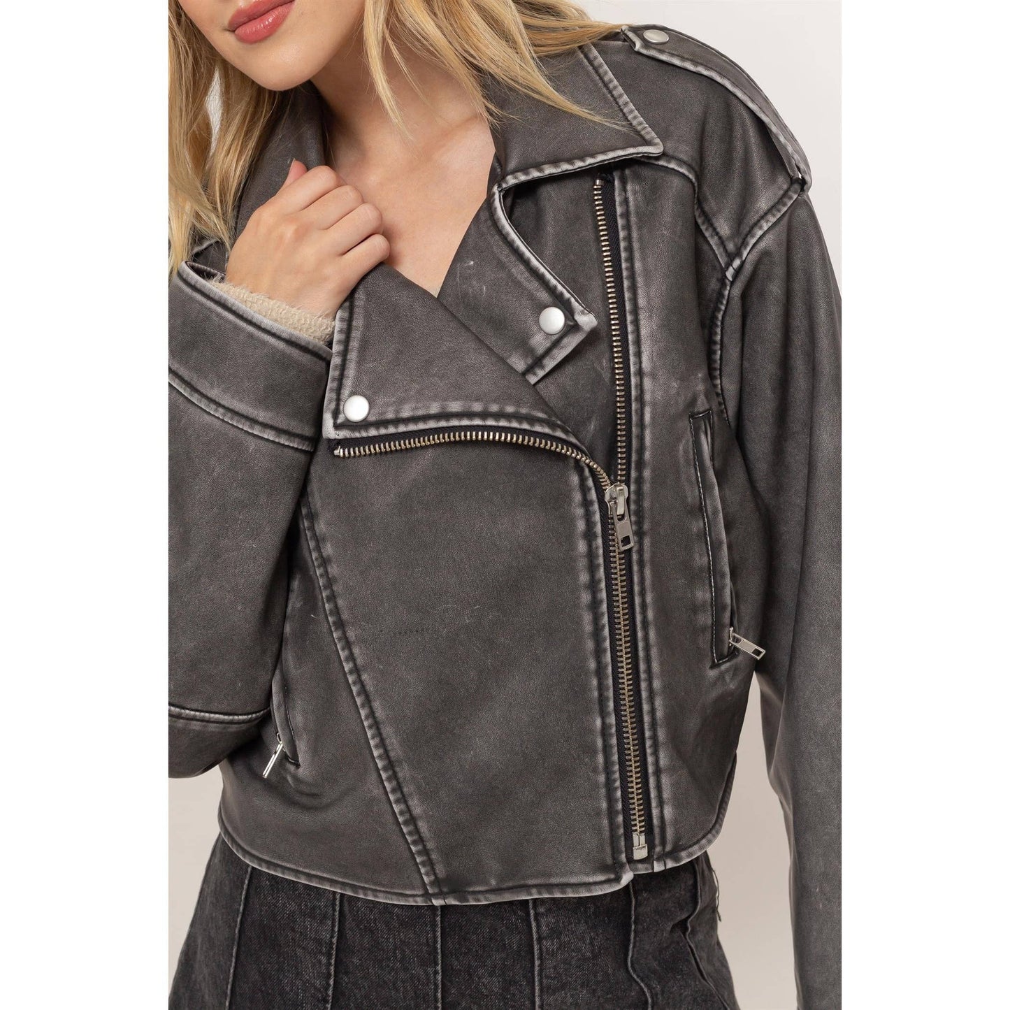 FINAL SALE! Washed Pu Rider Jacket - Charcoal