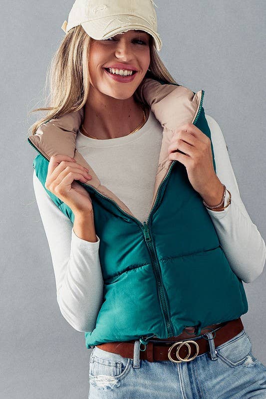 Reversible Cropped Puff Vest: Jade Green & Beige