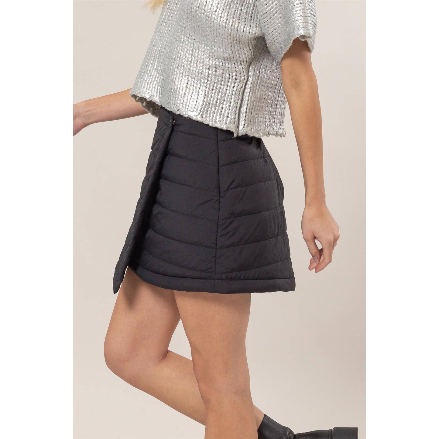 Quilted Puffer Wrap Mini Skirt - Black