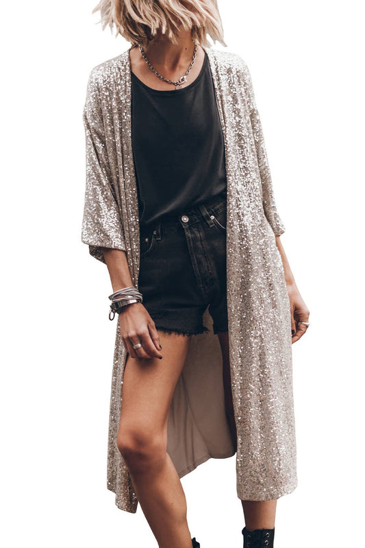 Sequin 3/4 Sleeve Open Front Duster Kimono - Beige & Silver