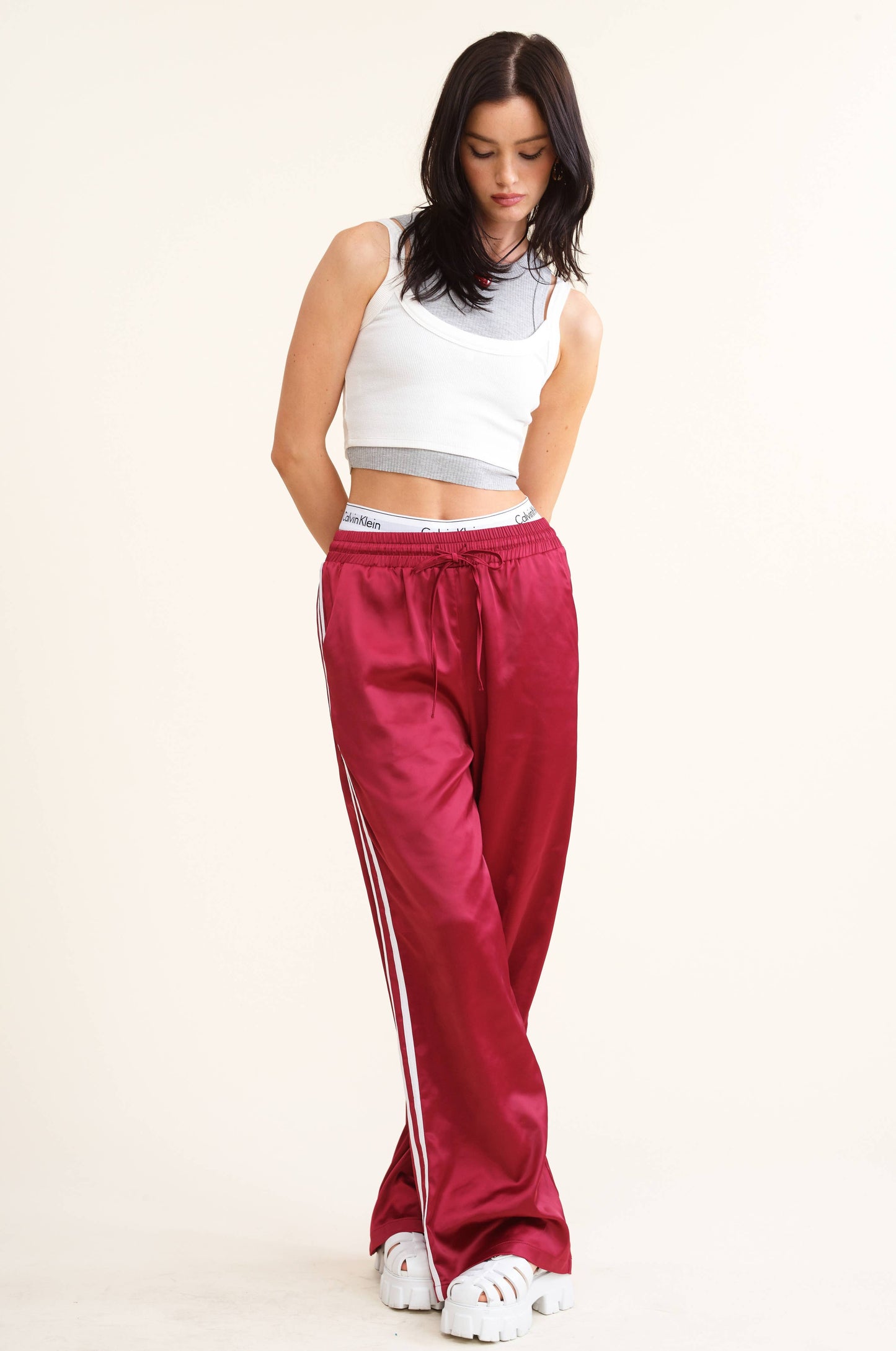 Sporty Satin-Effect Track Pants w/Contrast Stripes - Burgundy