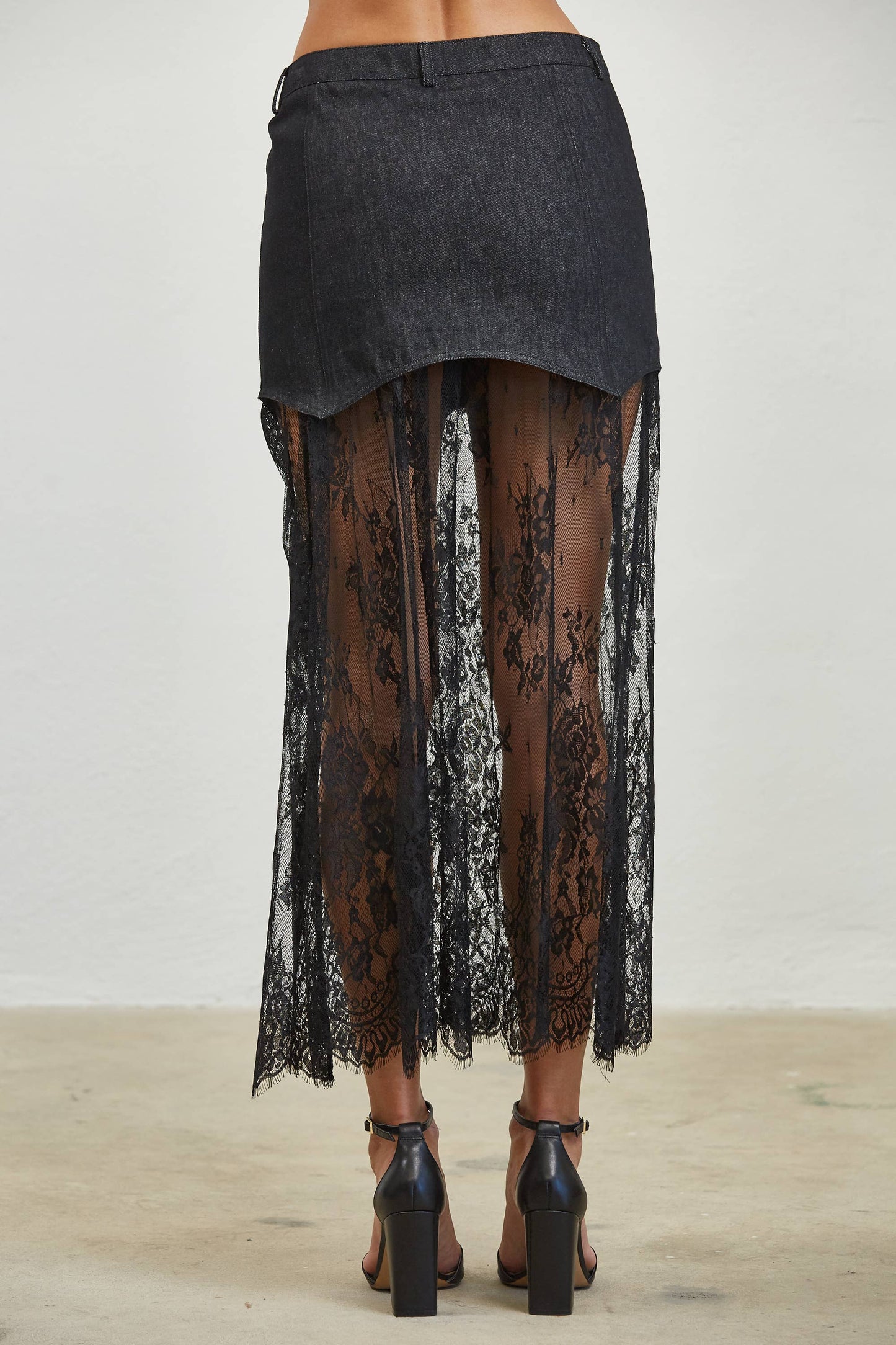 Lace Contrast Denim Maxi Skirt - Black