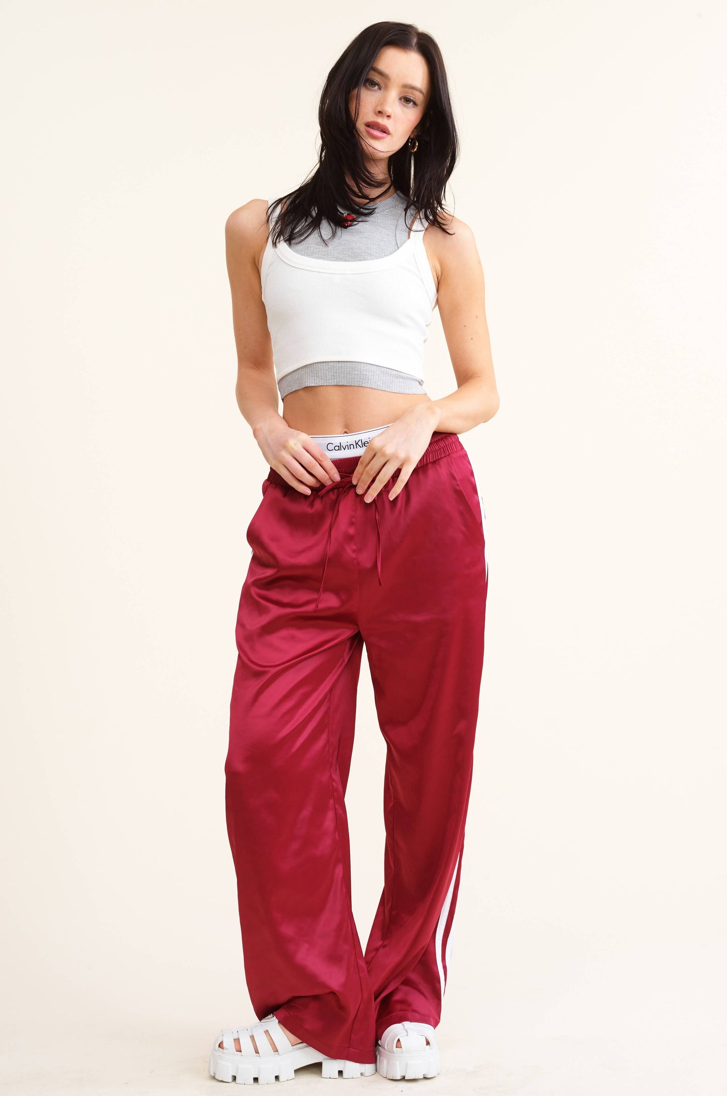 Sporty Satin-Effect Track Pants w/Contrast Stripes - Burgundy
