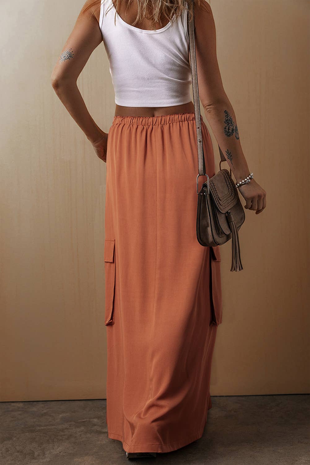 Cargo Pocket Drawstring Waist Maxi Skirt - Rust