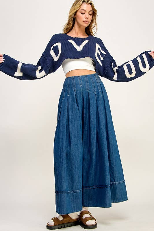 "I LOVE YOU" Cropped Sweater: French Navy/Soft White