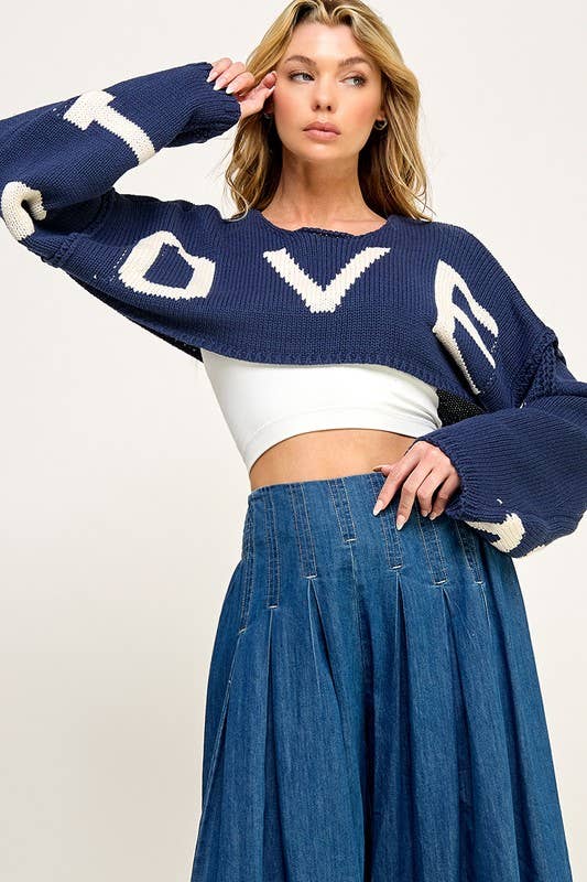 "I LOVE YOU" Cropped Sweater: French Navy/Soft White