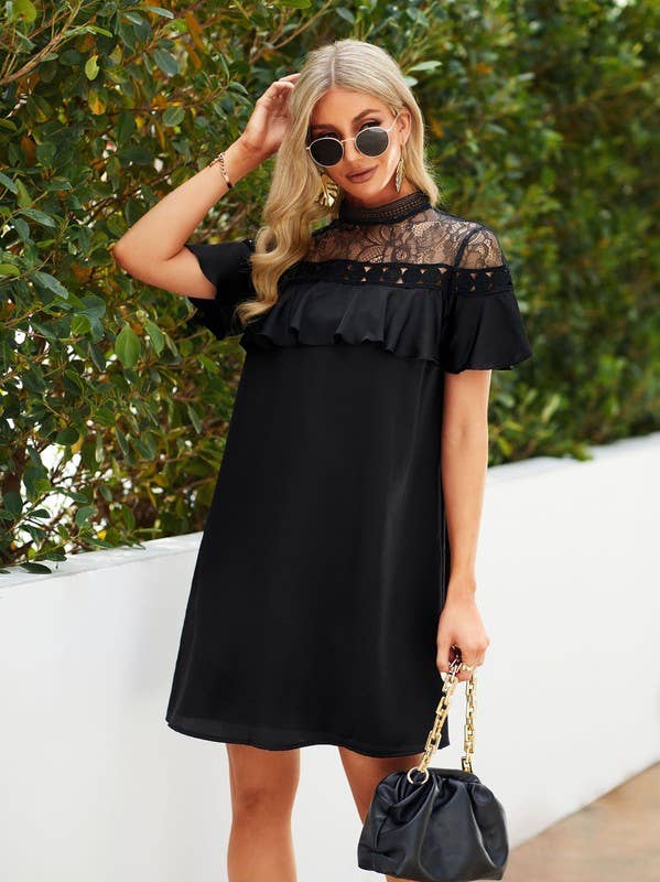 Lace Mock Neck Ruffle Trim Dress - Black