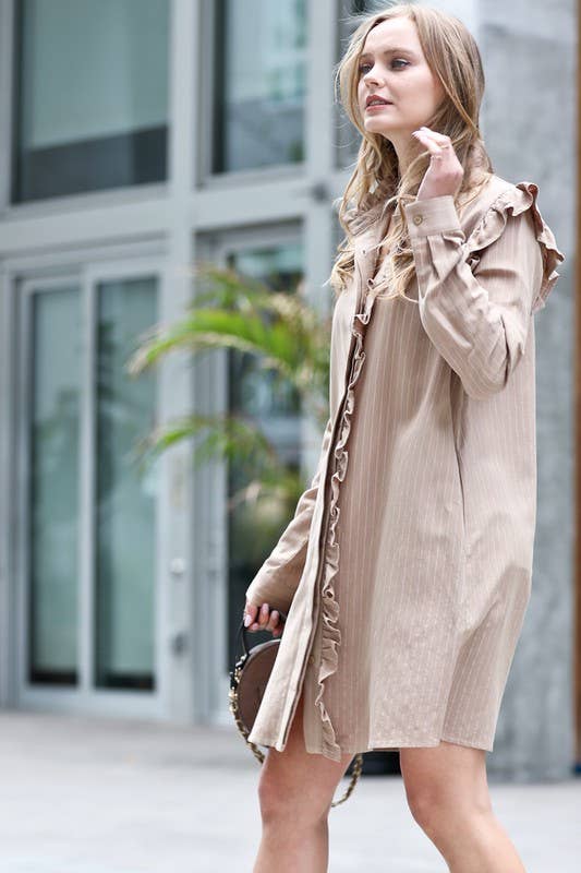 FINAL SALE! Ruffle Button Down Dress: Stone