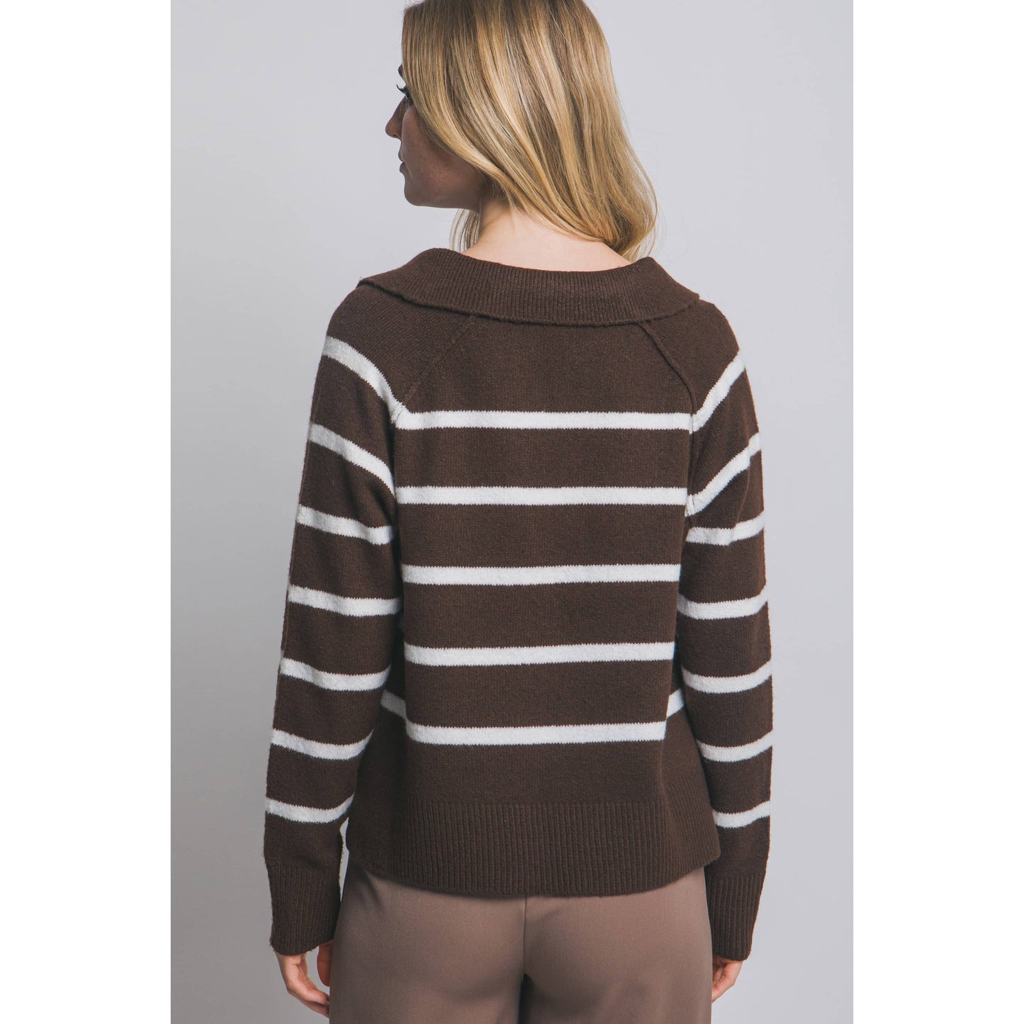 V-Neck Stripe Polo Sweater - Dark Brown/Chocolate