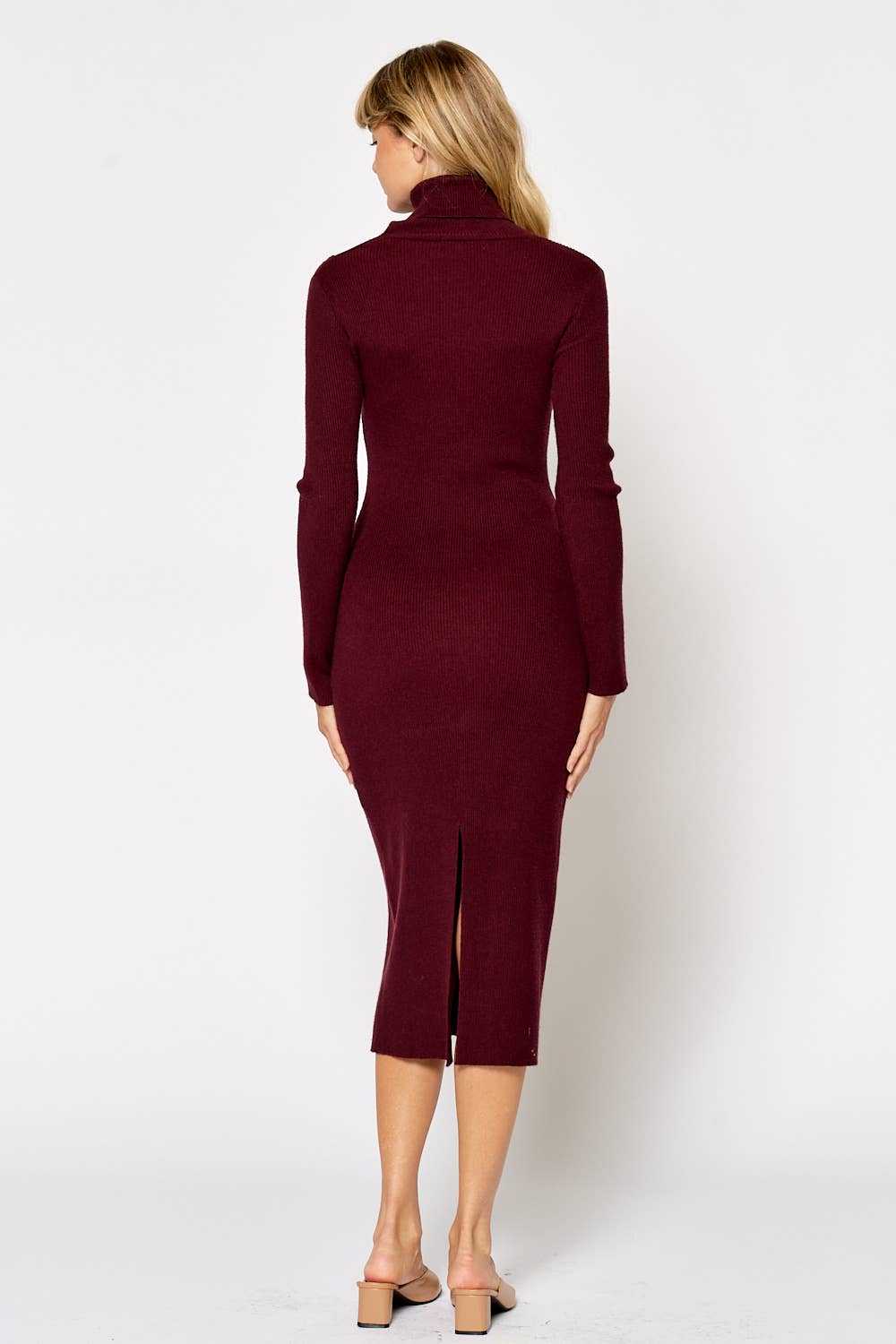 Cut Out Shoulder Turtle Neck Sweater Midi Dress - Deep Damson
