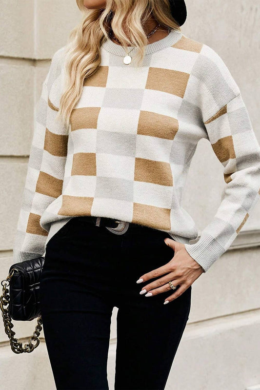 Checkered Ribbed Edge Drop Shoulder Sweater: Light Dove Grey/Cinnamon