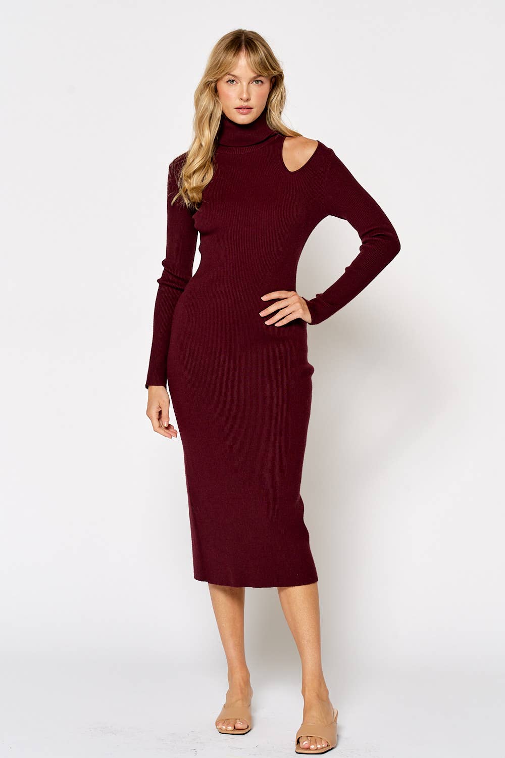 Cut Out Shoulder Turtle Neck Sweater Midi Dress - Deep Damson