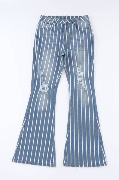 Vertical Striped Ripped Flare Jeans - Smokey Wash FINAL SALE!