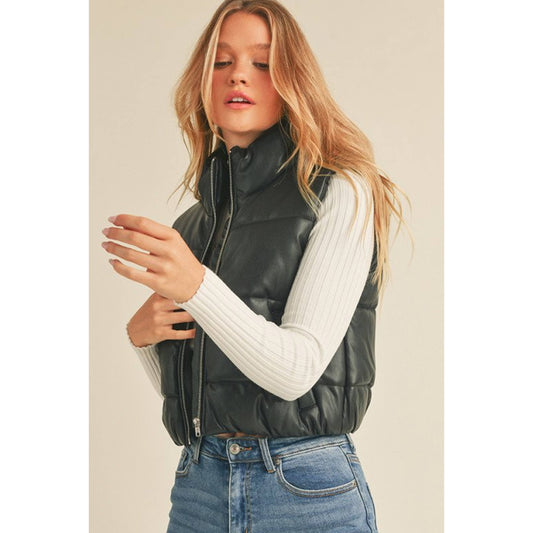 Faux Leather Padded Vest - Black