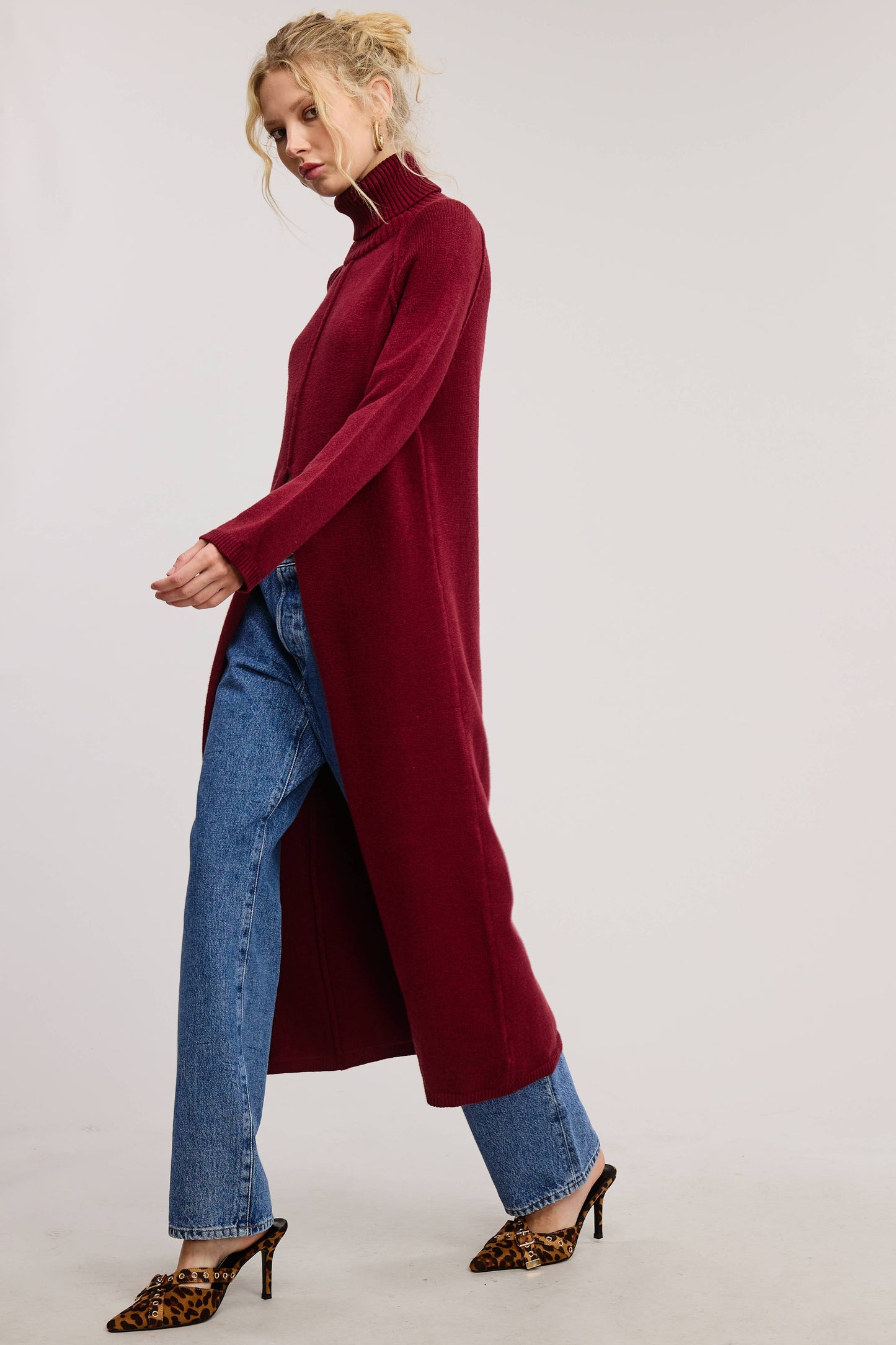 Seam Detail Turtleneck Tunic Sweater w/Slit - Burgundy