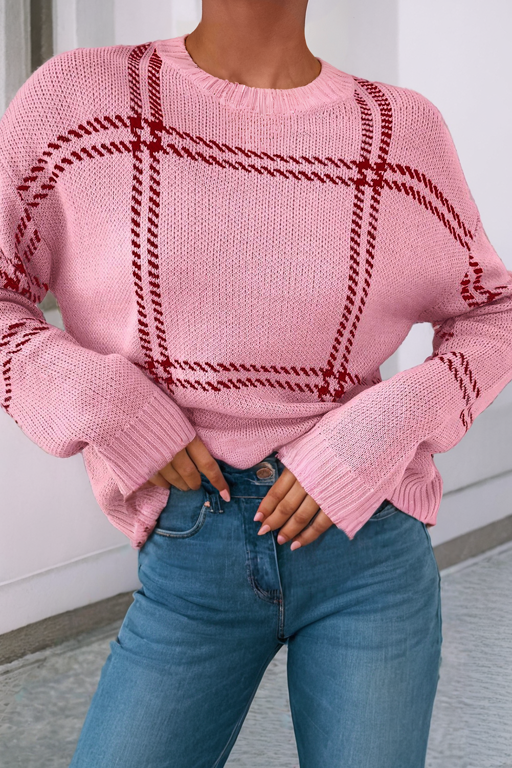 Plaid Pattern Knitted Drop Shoulder Sweater - Light Rose/Cherry