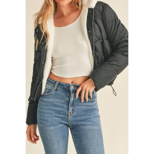 Hoodie Faux Down Nylon Puffer Jacket - Black