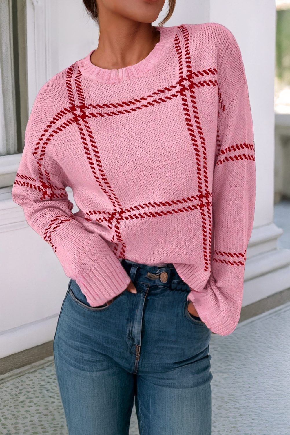 Plaid Pattern Knitted Drop Shoulder Sweater - Light Rose/Cherry