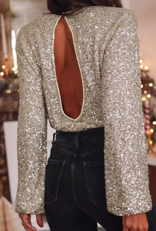Sequin Puff Sleeve Cutout Back Blouse - Beige & Silver