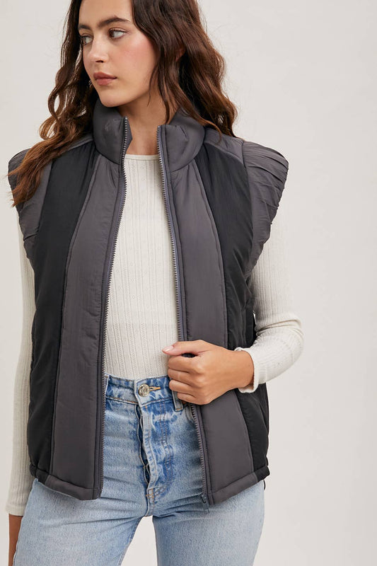 Contrast Puffer Zipper Down Vest - Black/Charcoal