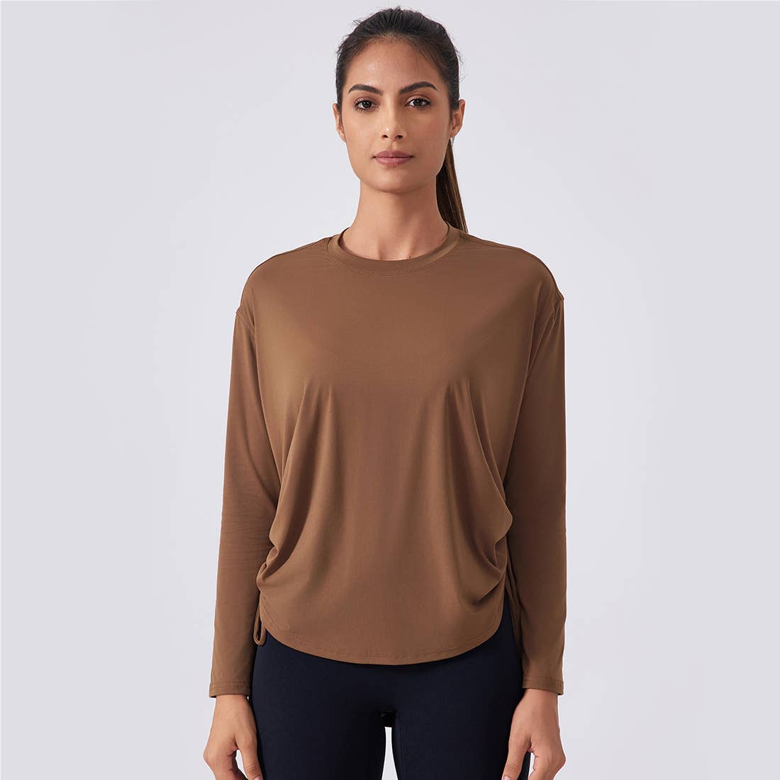 Women Loose Long Sleeve Breathable Fitness Yoga Top - Tan