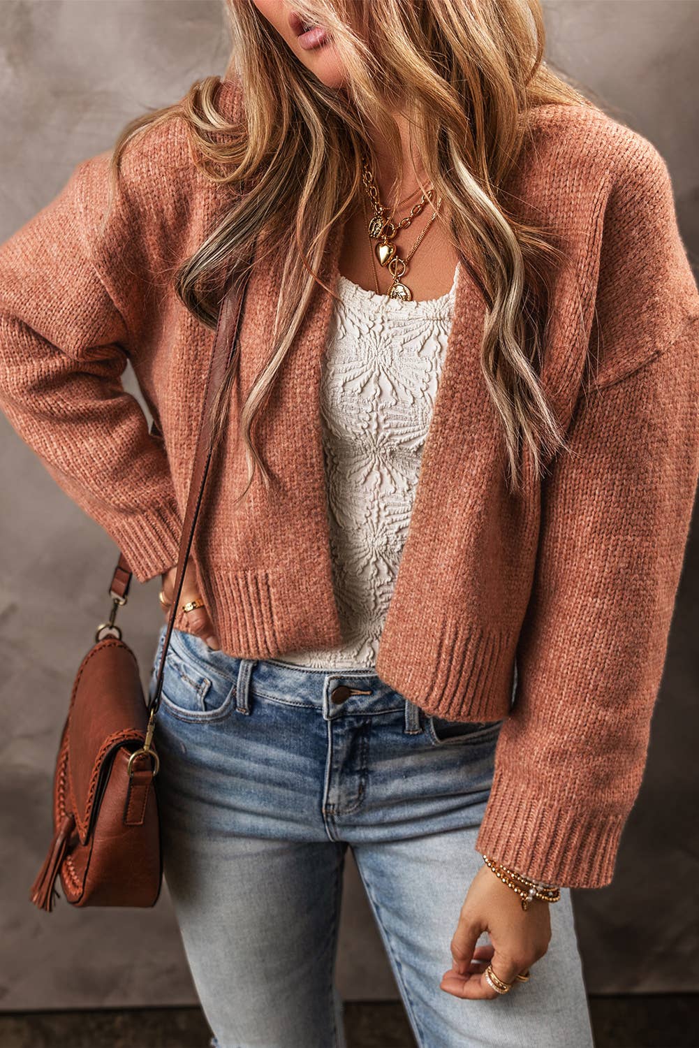 Drop Shoulder Open Front Cropped Cardigan - Rosewood/Tan