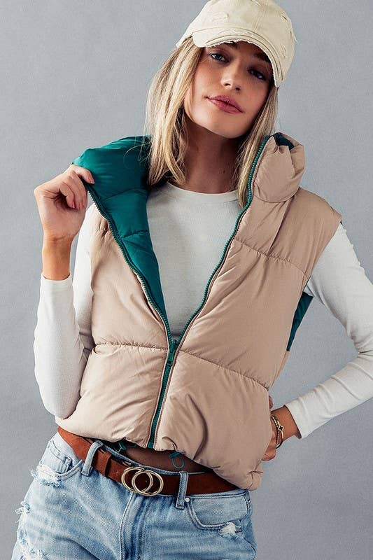 Reversible Cropped Puff Vest: Jade Green & Beige