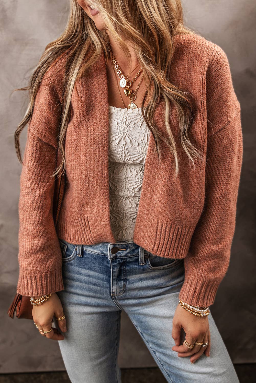 Drop Shoulder Open Front Cropped Cardigan - Rosewood/Tan
