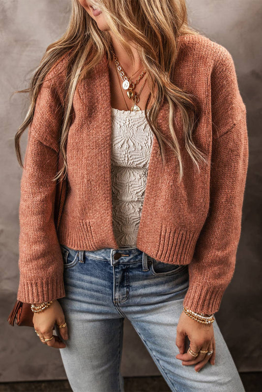 Drop Shoulder Open Front Cropped Cardigan - Rosewood/Tan