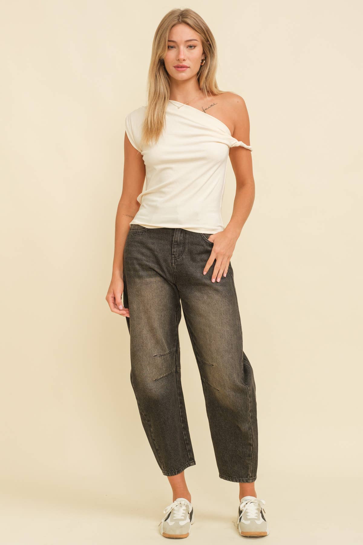 OneShoulder Twist  Asymmetrical Top - Oatmeal/Mid Peach