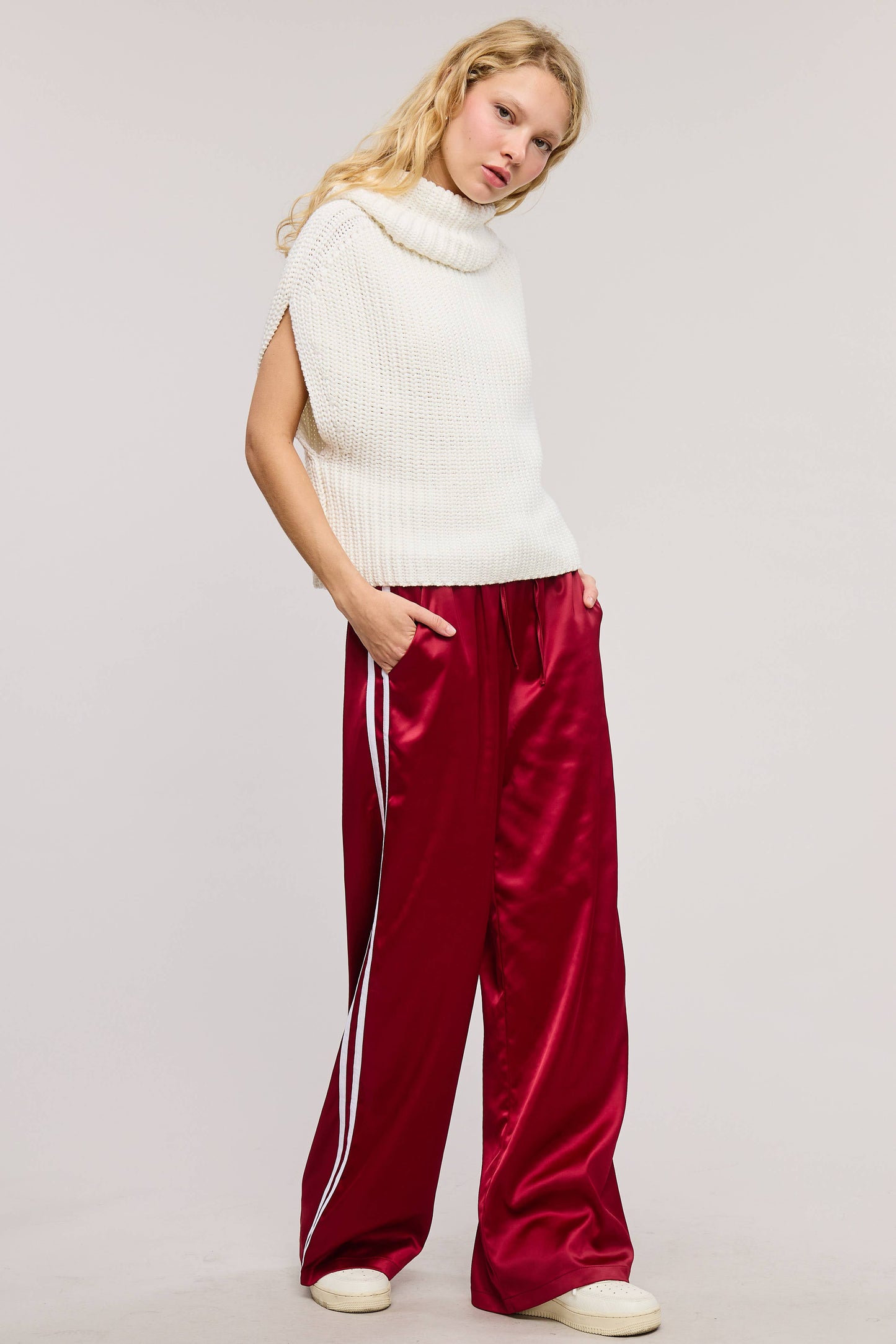 Sporty Satin-Effect Track Pants w/Contrast Stripes - Burgundy