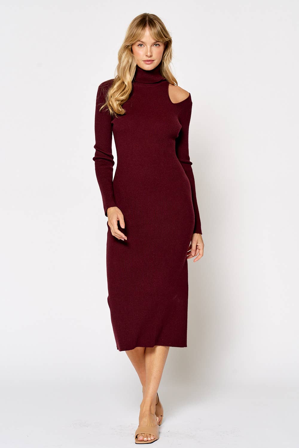 Cut Out Shoulder Turtle Neck Sweater Midi Dress - Deep Damson