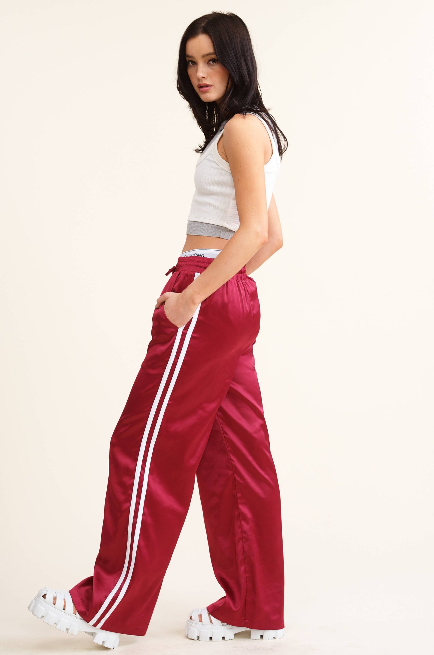 Sporty Satin-Effect Track Pants w/Contrast Stripes - Burgundy
