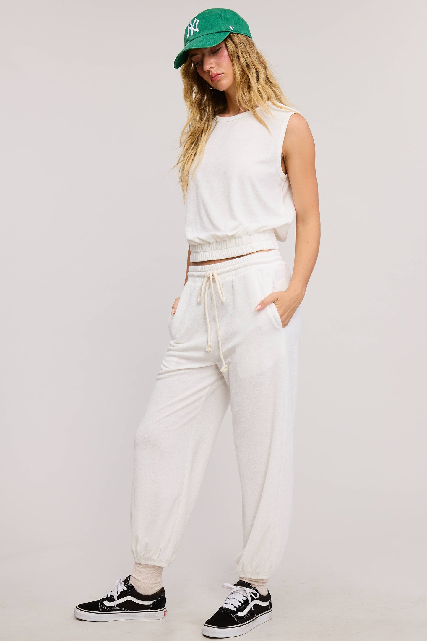 Terry Knit Tank & Jogger Set - Soft White/Cream