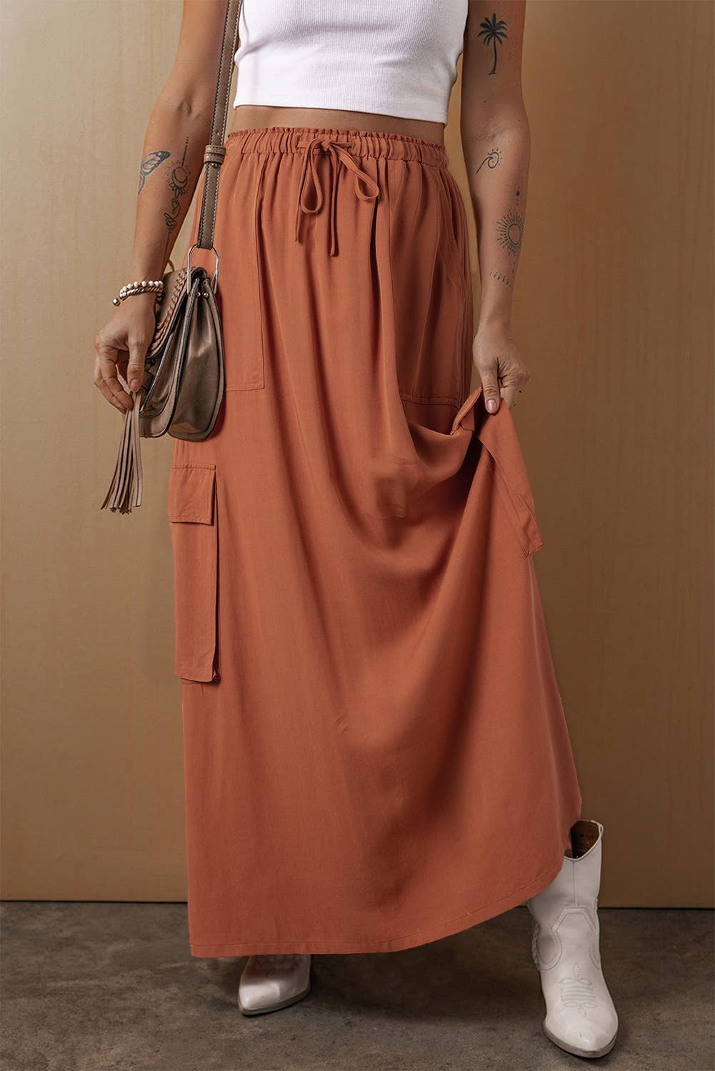 Cargo Pocket Drawstring Waist Maxi Skirt - Rust