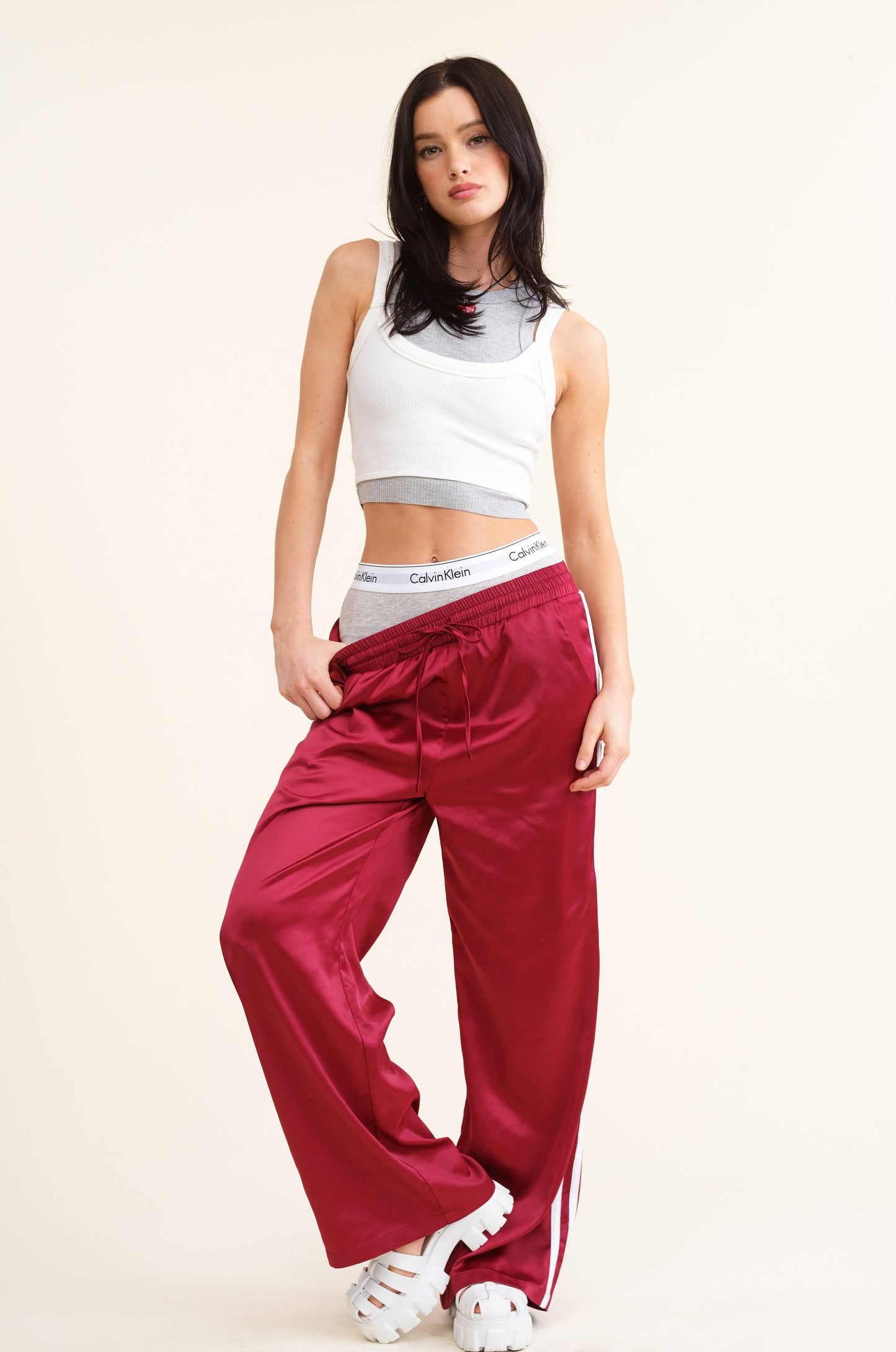Sporty Satin-Effect Track Pants w/Contrast Stripes - Burgundy