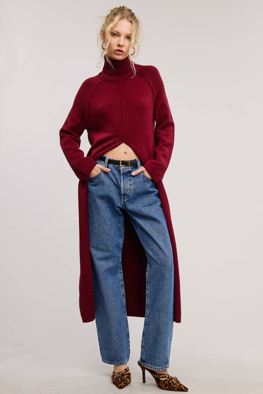 Seam Detail Turtleneck Tunic Sweater w/Slit - Burgundy
