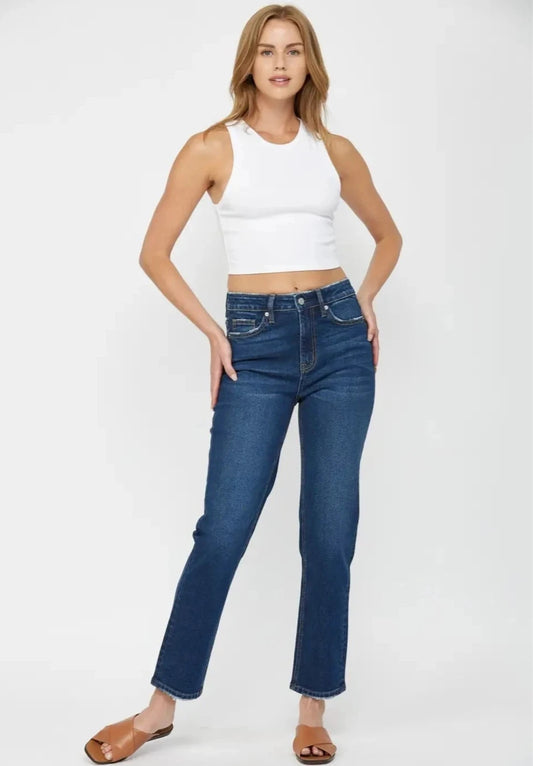 Super High Wedge Straight Leg Jean - Warm Dark Wash FINAL SALE!