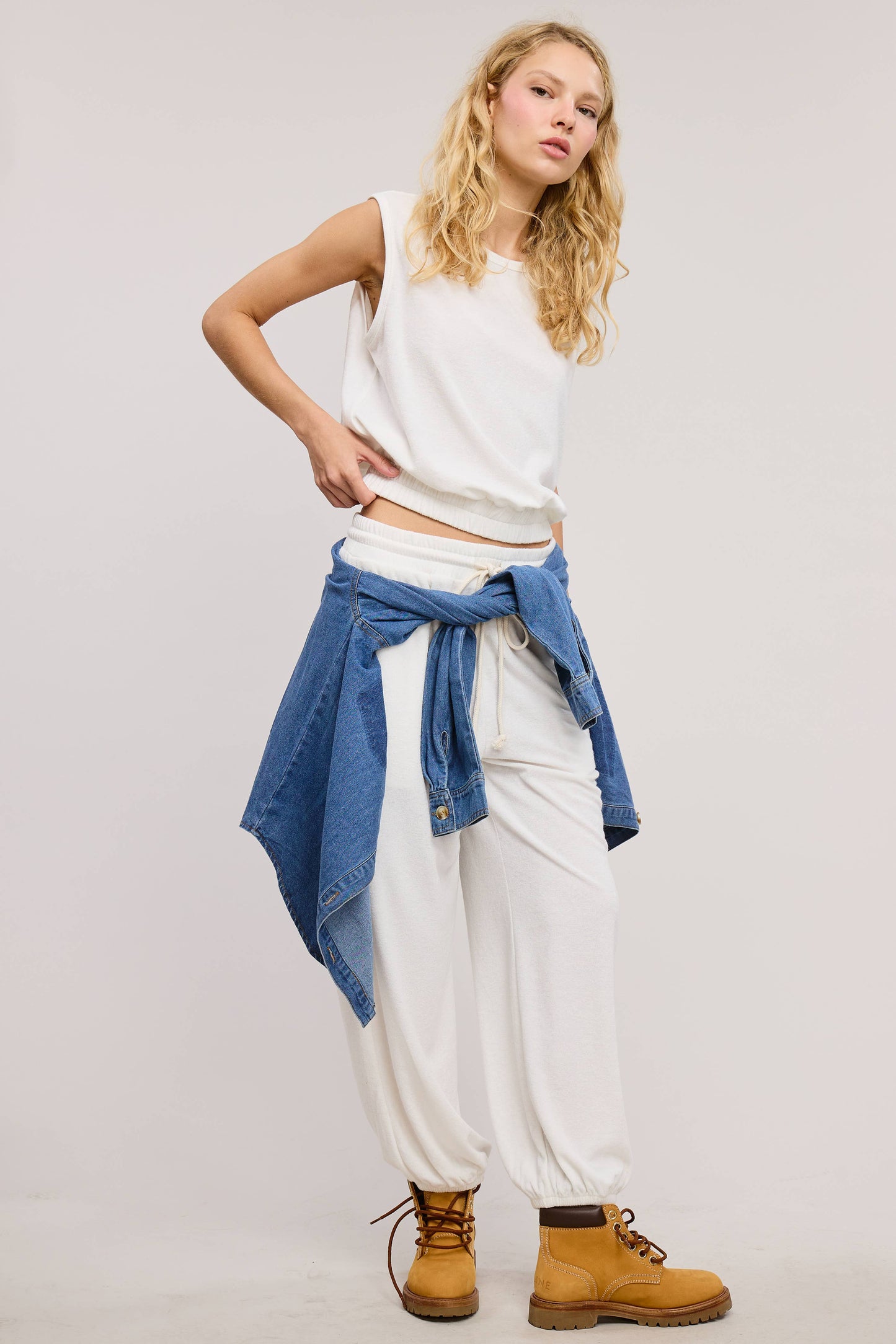 Terry Knit Tank & Jogger Set -  Soft White/Cream
