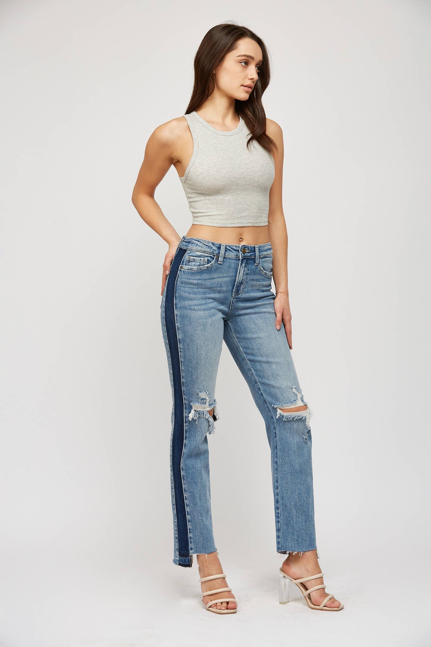 High-Rise Color Block Straight Leg Jeans - Medium Wash