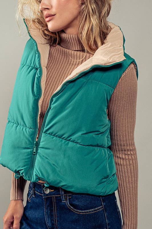 Reversible Cropped Puff Vest: Jade Green & Beige