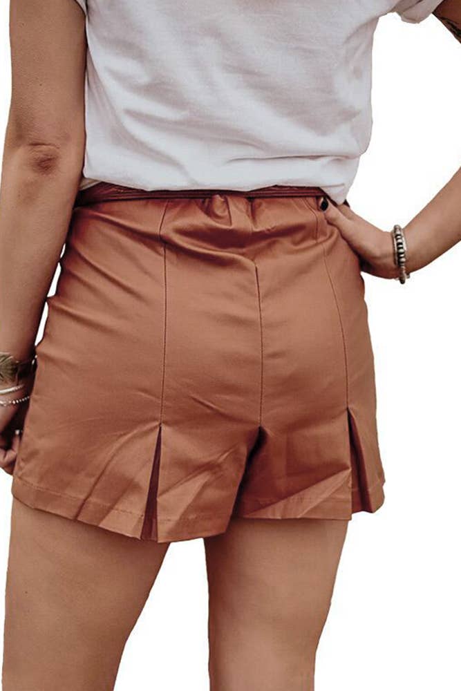 Pleated Split Hem Satin Shorts - Shiny Amber FINAL SALE