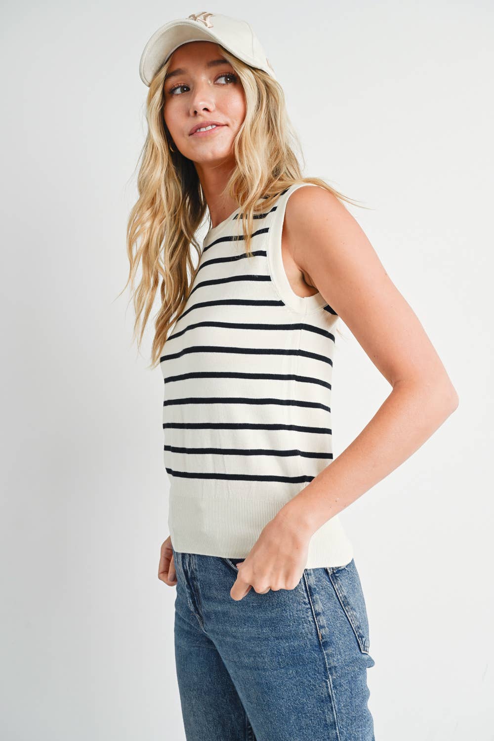 Striped Muscle Knit Tank Top - Cream/Black